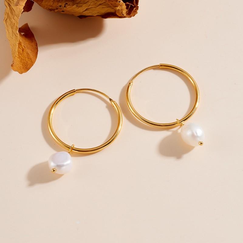 Elegant Sterling Hoop Earrings With Natural Freshwater Pearl Crystal Accents Minimalist Vintage Style Women 925 Sterling Silver