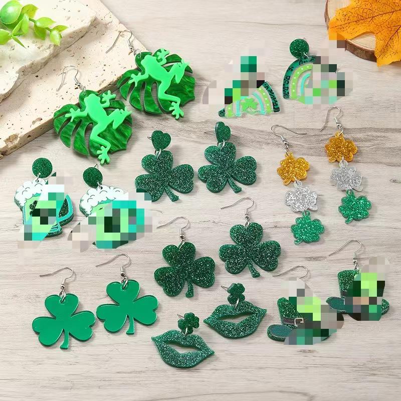 St. Patrick's Day Shamrock & Frog Tassel Earrings