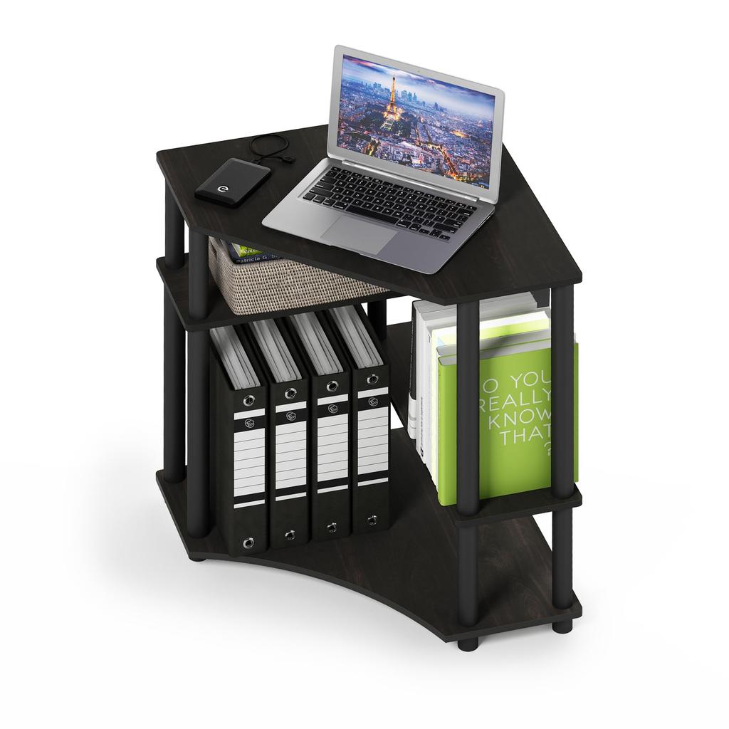 Furinno Corner with Shelf Japanese Turn-N-Tube Desk, Espresso/Black, Space-Saving, [Official Import]