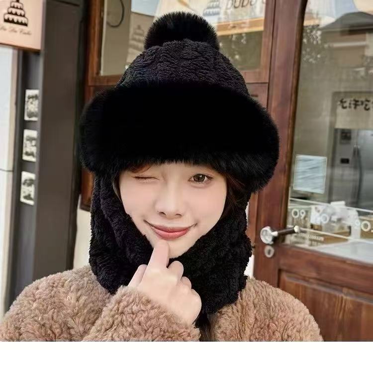 Winter Hat Scarf Integrated Women's New Style with Thick Velvet and Warm Cover for Cycling Windproof and Ear Protection Woolen Hat for Women