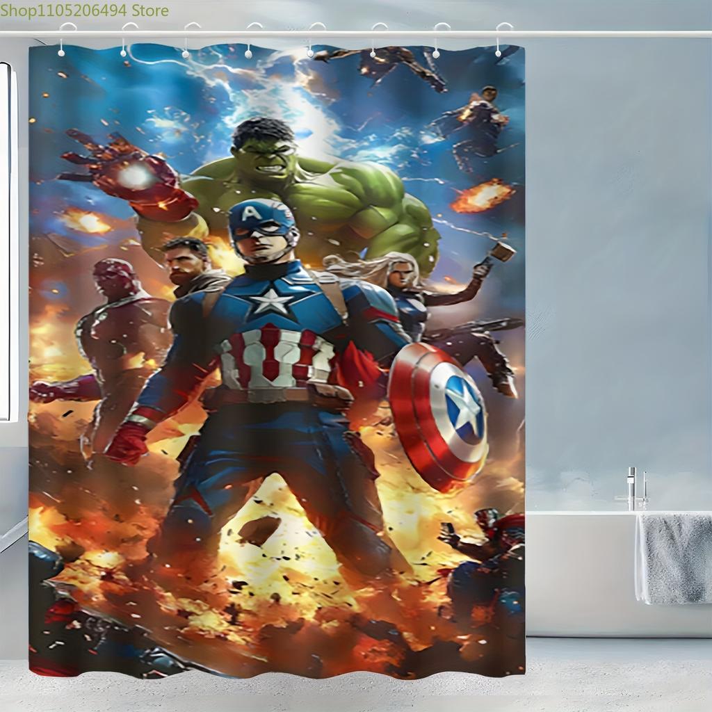 A Printed Shower Curtain Featuring Battle Scenes of Superheroes Like Captain America And The Hulk. Made from Durable Polyester
