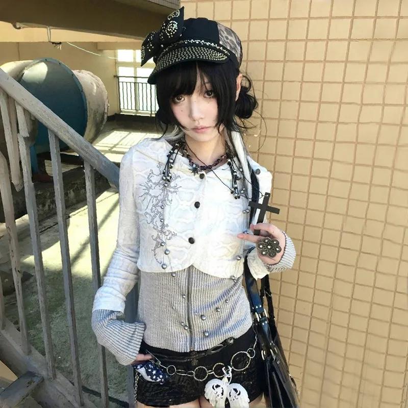 2KWEIRD Y2k Fake Two-piece Knitted Tops Trashy 2000s Hooded Jacket Vintage Harajuku Knitwear Grunge Aesthetics American