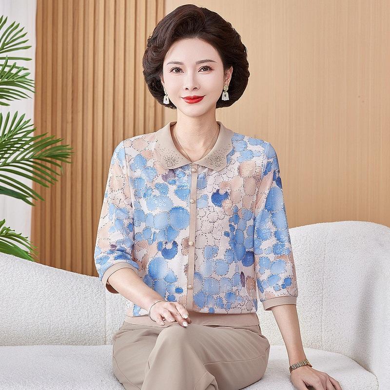 

Spring 2026 Stylish Ice Silk Knit Blouse for Middle-Aged and Elderly: Seven-Quarter Sleeve Top 5XL (suggested 150-165 jin) синій