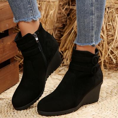 Herbst und Winter Neu Damen Kurze Walking Damenstiefel Wildleder Keil Stiefeletten Damenschuhe Schwarz Große Größe 42