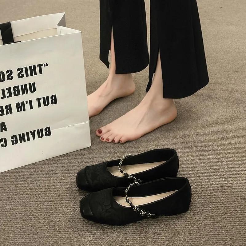 Shoes Woman Flats Shallow Mouth Square Toe Dress Comfortable New Summer Mary Janes Summer Shoes Ladies Female Footwear Square To