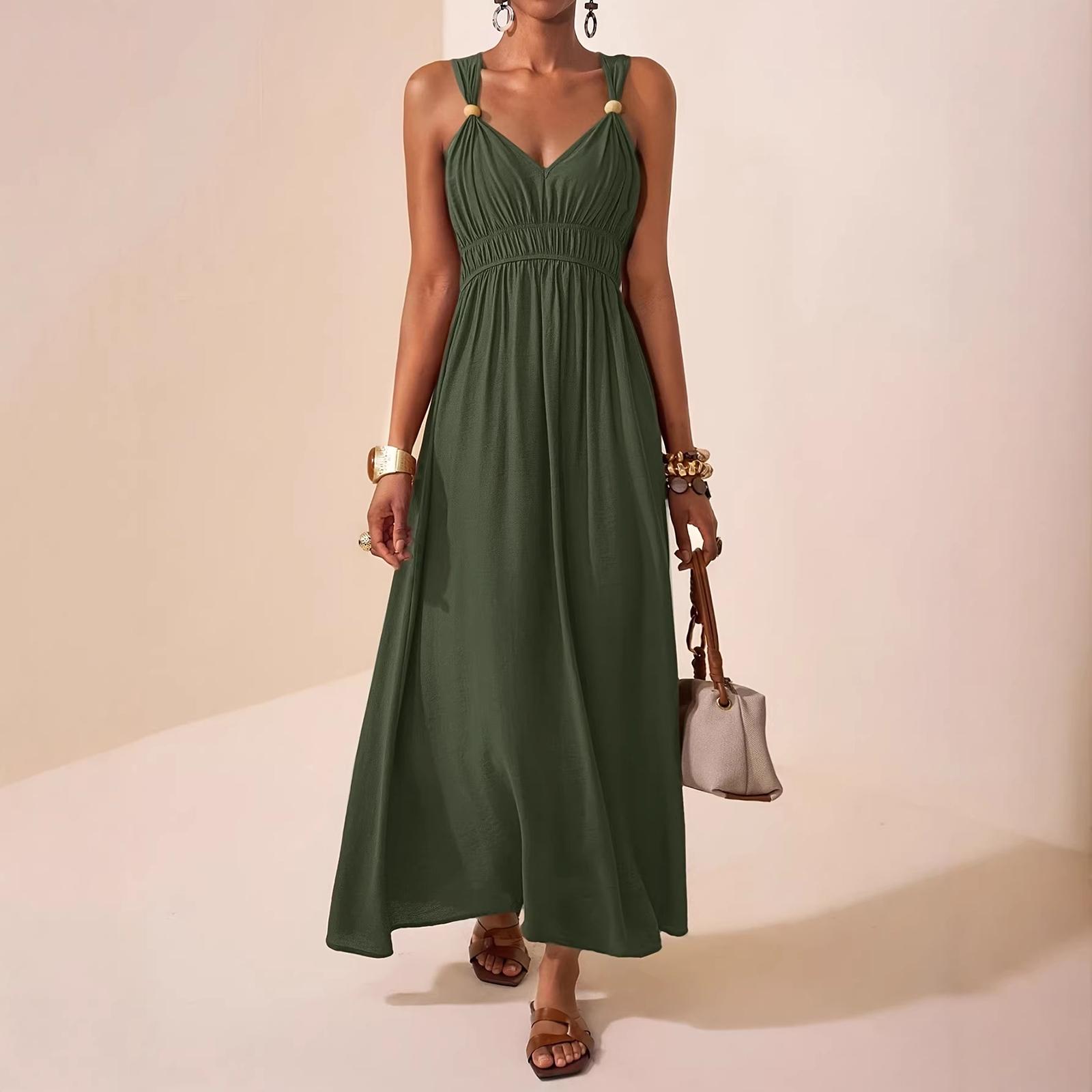 

Women s Summer Fashion V Neck Sleeveless Waist Cinched Beach Vacation Casual Large Swing A-line Length Dress L армия зеленый