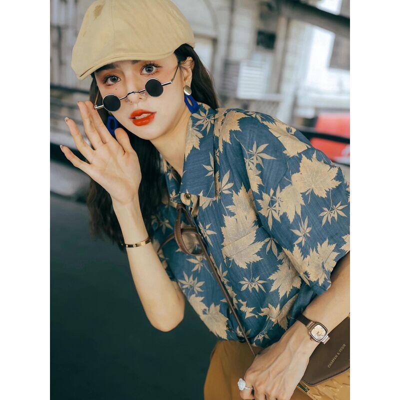 Hong Kong Style Retro Printed Short-sleeved Shirt for Women Summer New Loose and Versatile Niche Design