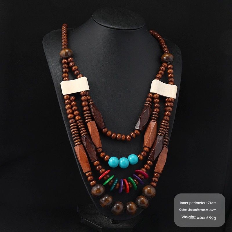 Retro Ethnic Style Wooden Necklace Fashion Style Bohemia Long Stylish Multi-Layer Sweater Chain Performance Accessories Women