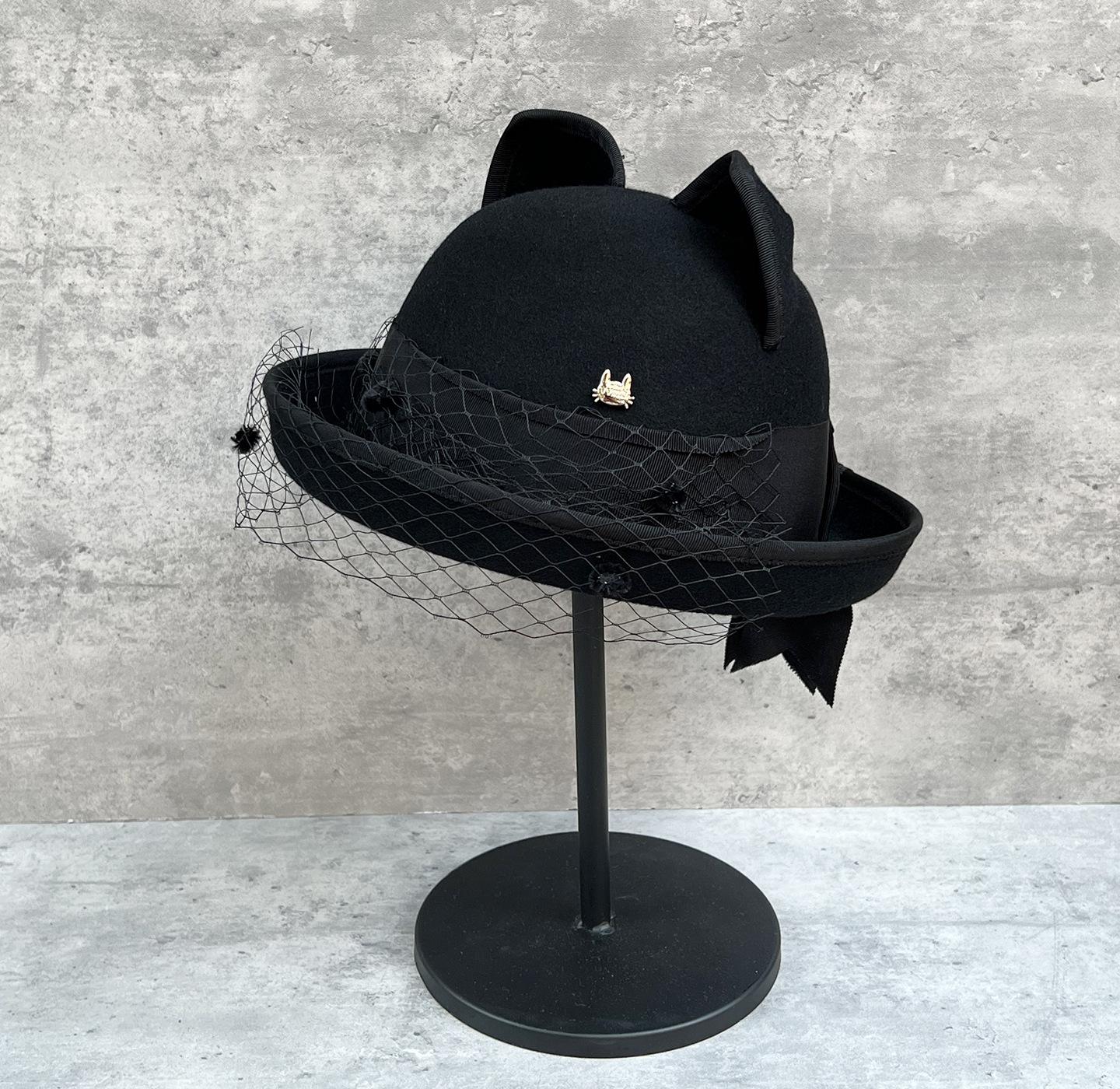 Французская милая кошачьи ушки шерстяная шляпа-ведро женская осень и зима дочь знаменитость темперамент цилиндр подчеркивает лицо маленькая сетчатая шляпа-ведро