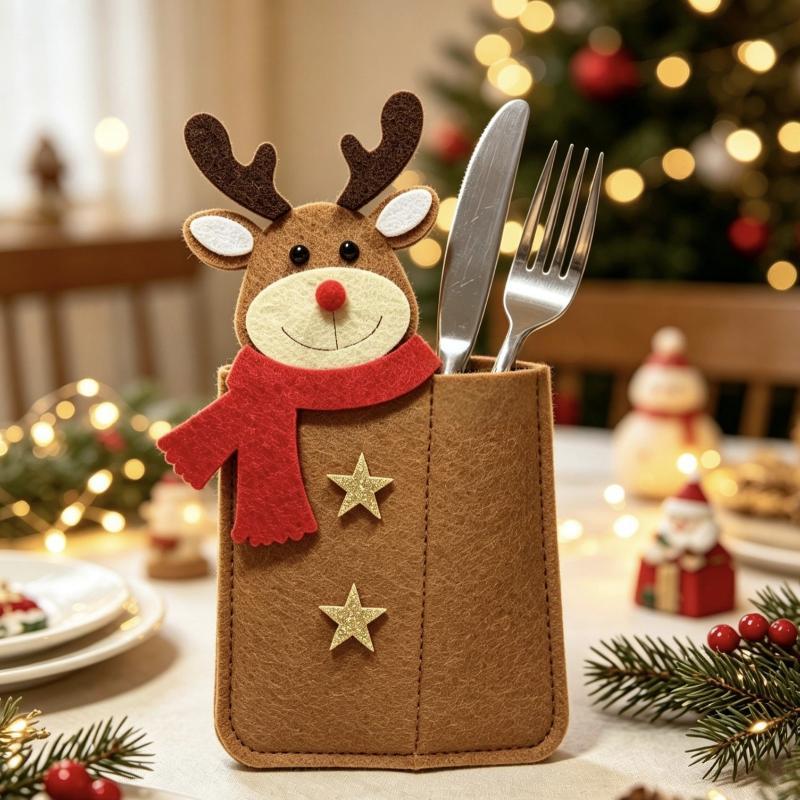 Weihnachtliche Besteckhalter mit niedlichen Cartoon-Tierdesigns für den festlichen Esstisch