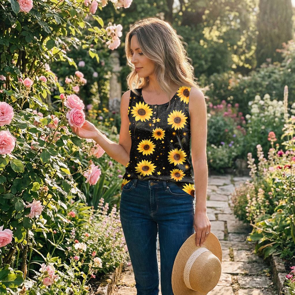 Damen ärmelloses Tanktop mit Blumenprint, lässig, Rundhalsausschnitt, Knopfleiste, lockere Passform, Pullover, leichtes Blusenhemd