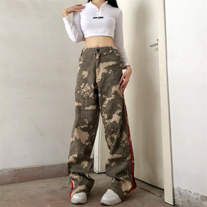 Pantaloni casual de primăvară toamnă Tide Hot girl retro talie înaltă pantaloni de camuflaj hiphop americani pentru femei salopete Harajuku largi