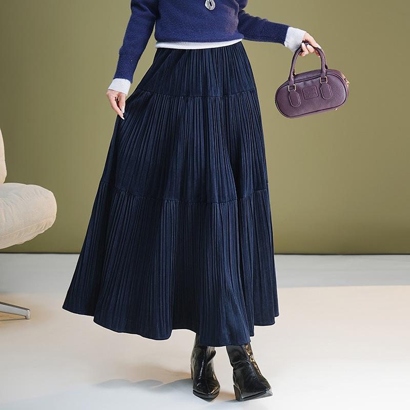 Brand Velvet A-Line Midi Skirt: Women's 2025 Autumn/Winter Elastic Waist, Slimming, Fashionable, Versatile Long Skirt