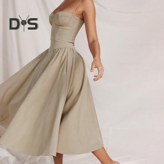 Damklänning Lågskuren spaghettirem Rygglös Ärmlös A-linje Big Swing Ren färg Smal midja Plisserad Cocktailparty Bal midiklänning