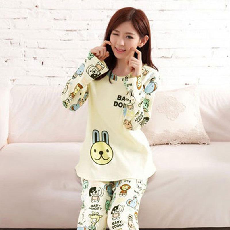 Women Autumn Winter Long-sleeved Cartoon Pajamas Set 2024 New Round Neck Cute Solid Color Pullover Sleepwear Clothes Set