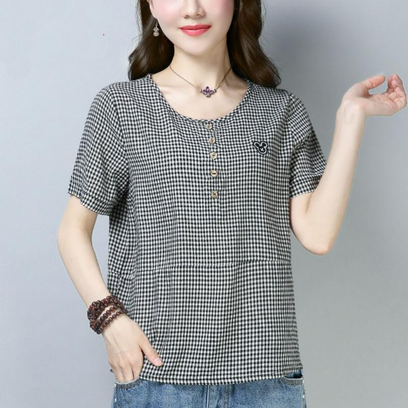 Plaid T-shirt Women's Summer Short-sleeved Loose Large Size Cotton Bottoming Shirt Top
