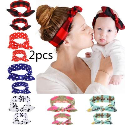 2pcs / set (Mamá+Bebé) Diademas Orejas de Conejo Nudo Lazo Algodón Accesorios para el Cabello Lazo Corbata Aro Elástico mujer bebé niño Diadema