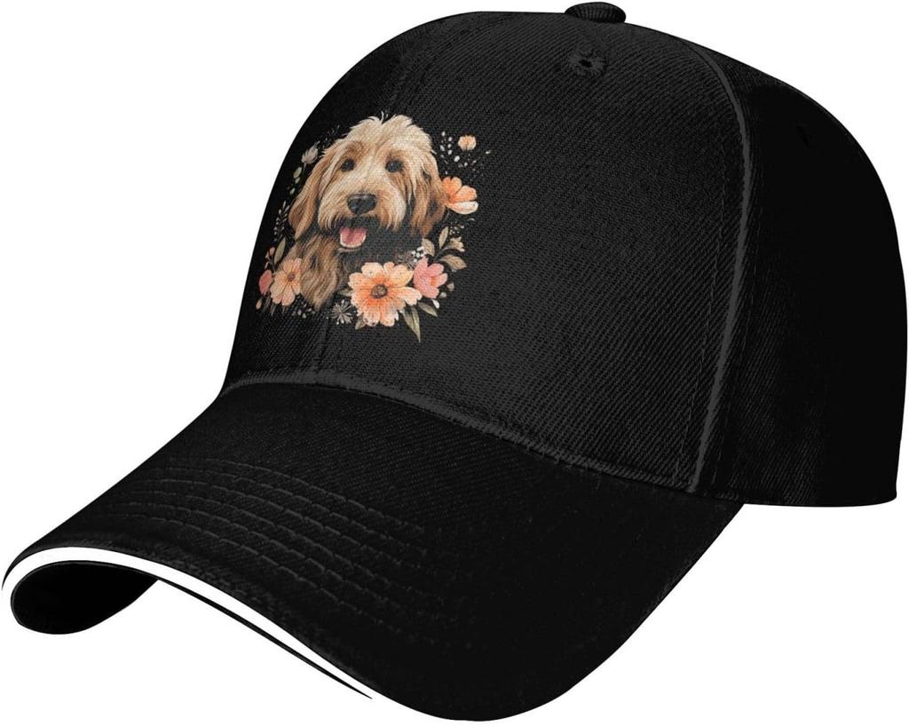 Cute Doodle Dog Floral Wreath Baseball Cap Adjustable Polyester Outdoor Sports Golf Hat
