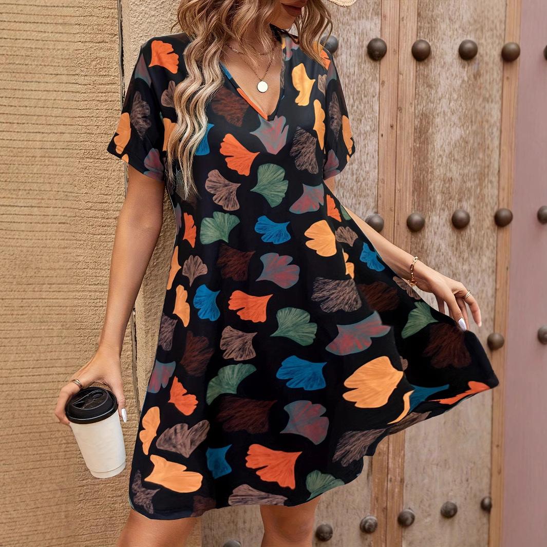 

JKASHDK Женская мода лето весна с коротким рукавом V-образным вырезом свободная талия повседневные платья XXXXL чёрный