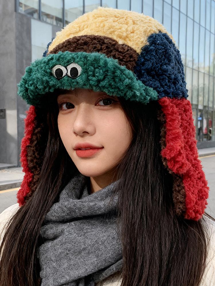 New Women Color Block Hat Cartoon Eyes Decor Winter Cute Style Warm Ear Flap Cap Cold Weather Fashion Headwear Vintage Casual