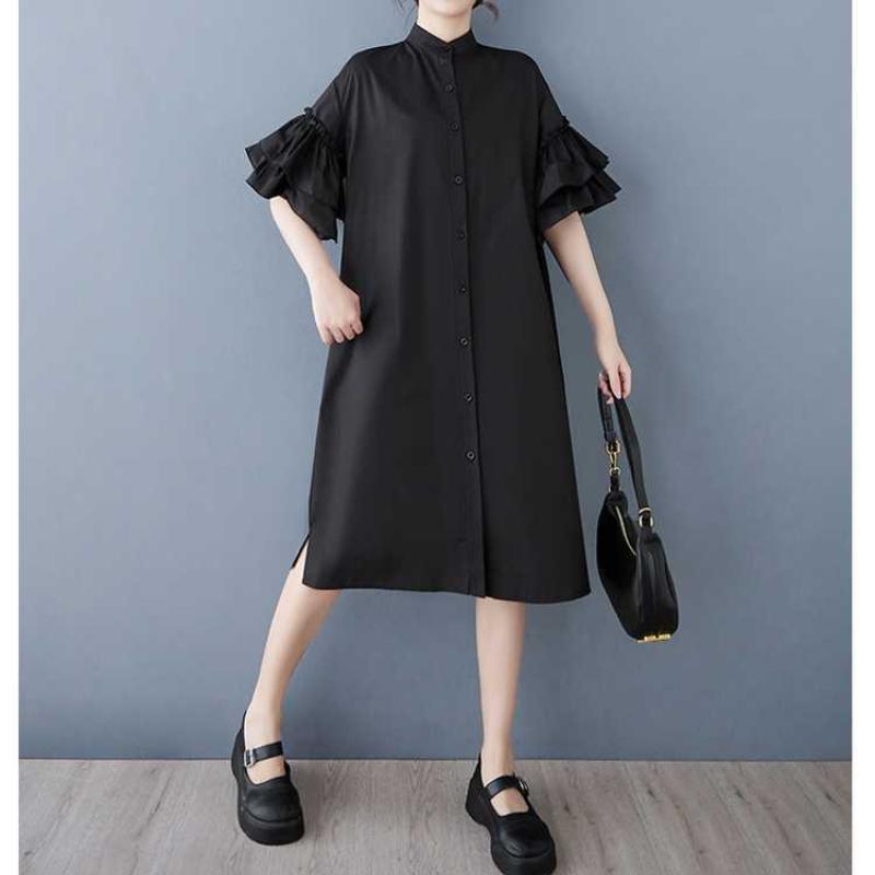 Spring and Summer Stand-up Collar Dress with Lotus Leaf Sleeves Shirt Dress