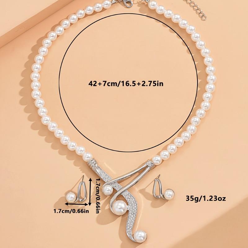 Fashion Geometric Pearl Earring Two Piece Necklace for Women Exquisite Birthday Party Zircon Gifts