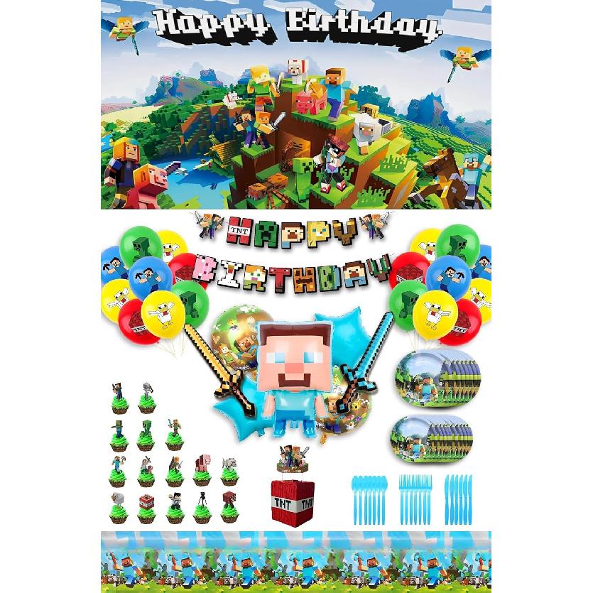Pixel Game Themed Birthday Decorations, Pixel Game Party Supplies Set, Includes Birthday Banner, Latex Balloons, Foil Balloons, Inflatable Swords,