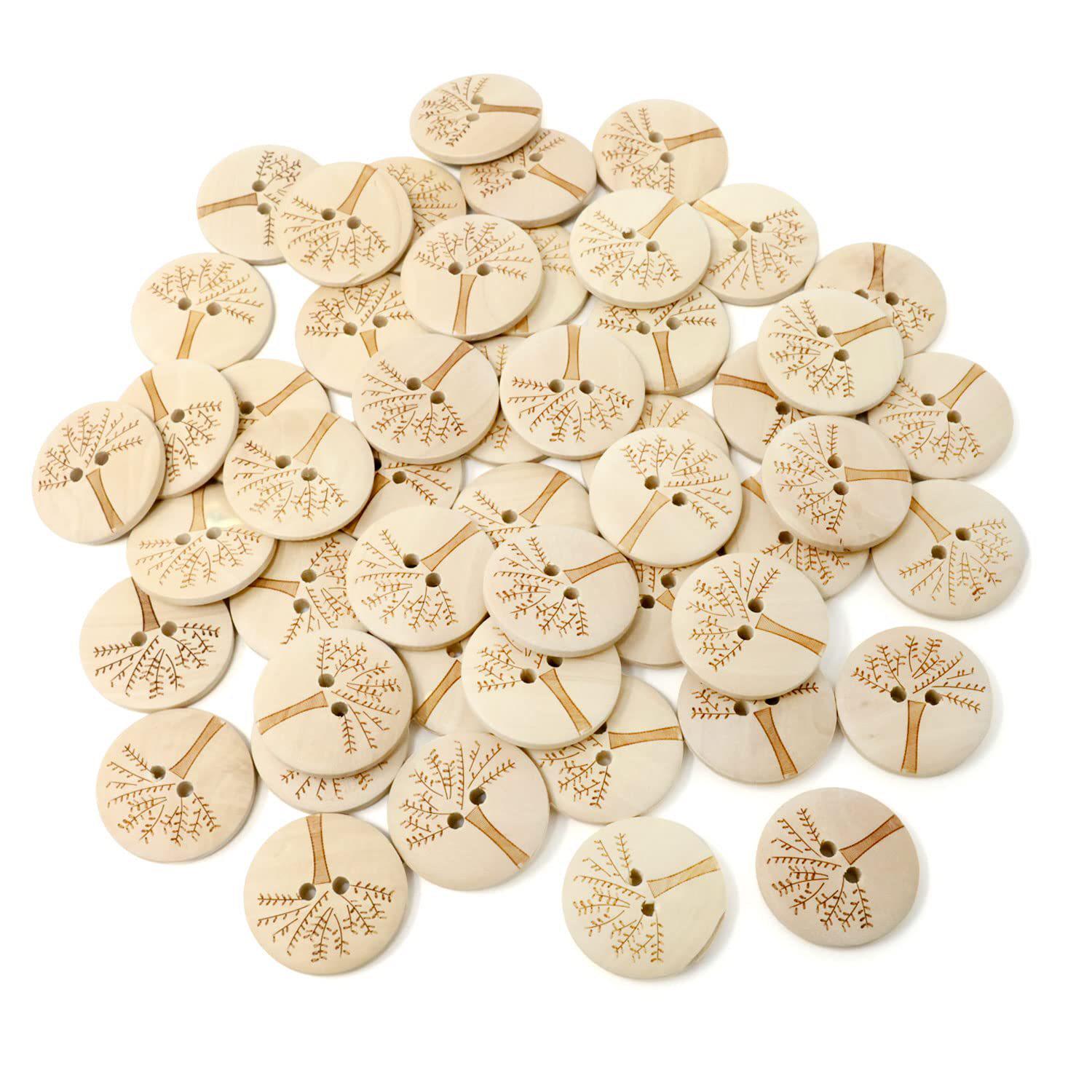 Natural Wood Laser-Engraved Tree Slice Buttons, DIY Crafting/Scrapbooking Material, Set of 50 15mm