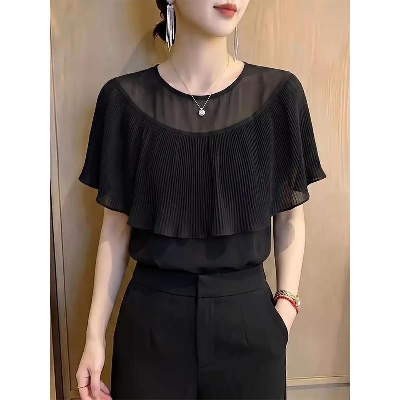 Women s Black Mesh Yoke Pleated Ruffle Cape Sleeve Round Neck Chiffon Blouse M