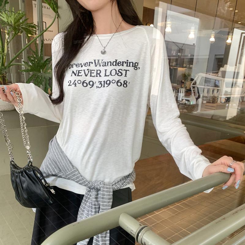Women's European Style Long Sleeve Loose-Fit Letter Print T-Shirt, American Retro Slim Base Layer