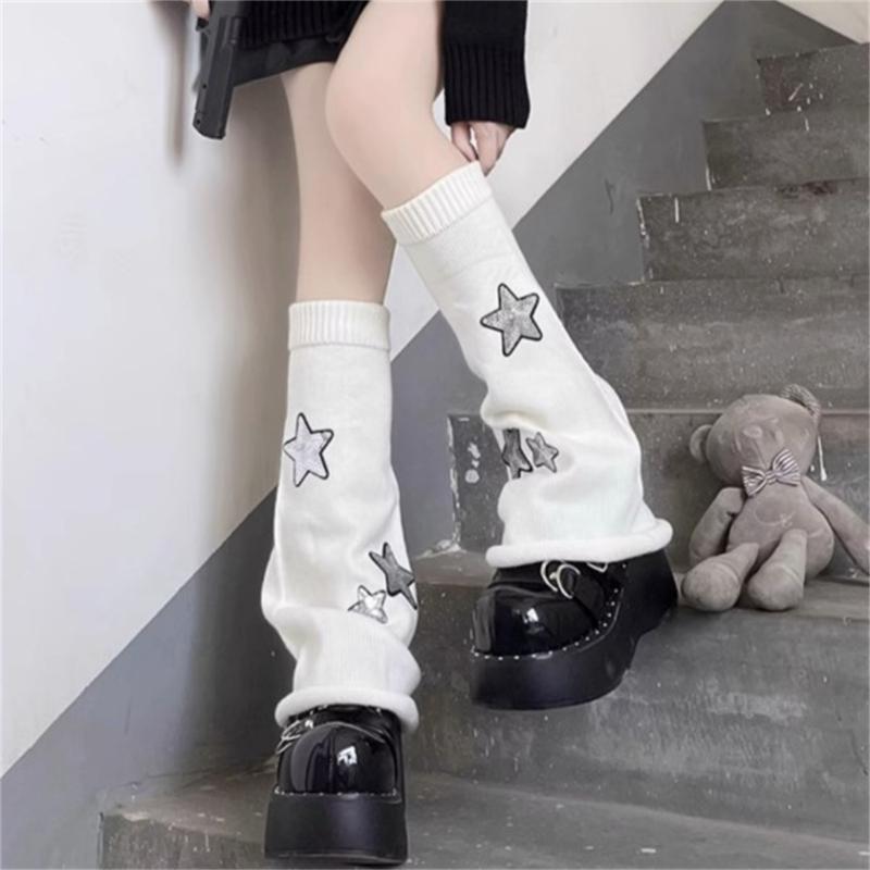 Pierneras Lolita para Niñas Y2K Estrella Tejidas Mangas de Pierna Acampanadas Puño Holgado Gótico Calcetines Tobillo Montón Cubre Pies Uniforme JK
