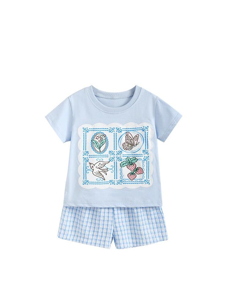 

Girl s Summer Two-Piece Homewear Set - Casual Printed T-shirt & Shorts 100 cm озеро синий