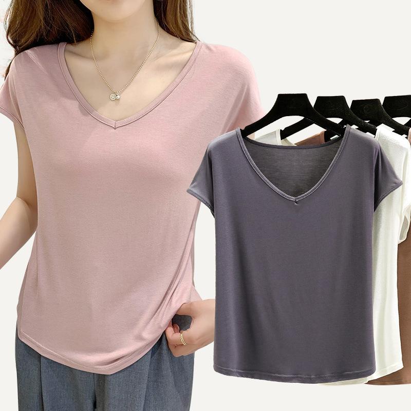 Letnia damska kamizelka bez rękawów z modalu Gładka V-neck Podstawowy T-shirt Luźny T-shirt z modalu Topy Codzienna podkoszulka