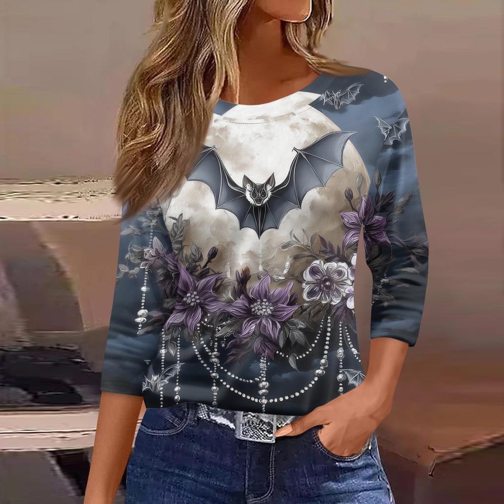 Women's 3/4 Sleeve Loose Fit Casual Shirt Round Neck Halloween Print T-Shirt Top for Everyday Wear