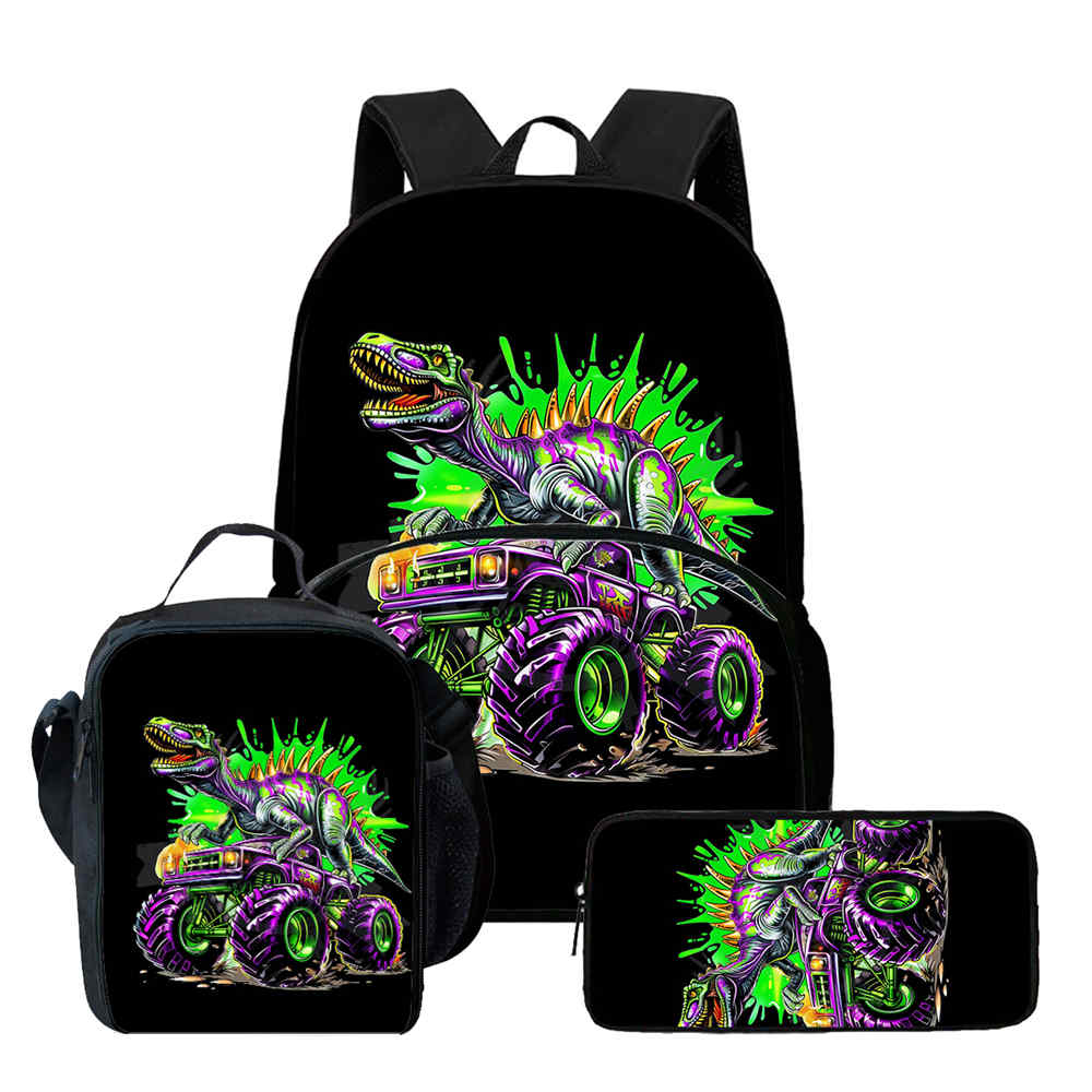 Traditional Well-loved Comic Dinosaur Print 3pcs/Set Learner Student Bags Everyday Laptop Knapsack Backpack Meal Tote Pencil Pouch