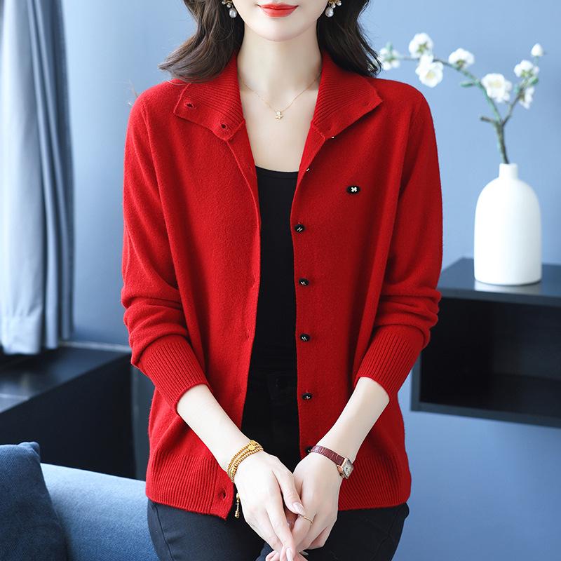 Puyuan Women's Pure Wool Lapel Knit Cardigan - Autumn/Winter Loose Fit Sweater Coat, Warm Slimming Style for Moms