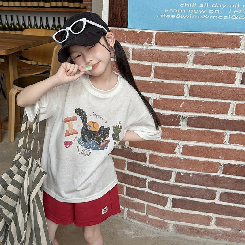 Girls' Korean Style Lightweight Cotton Cartoon T-Shirt
