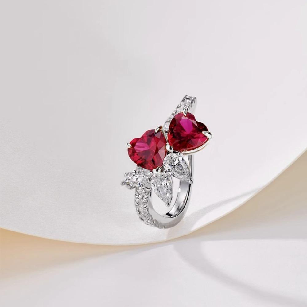 Women Jewelry Set Heart Shaped Ruby Diamond Earrings Red Corundum Ring Love Necklace Gift for Her