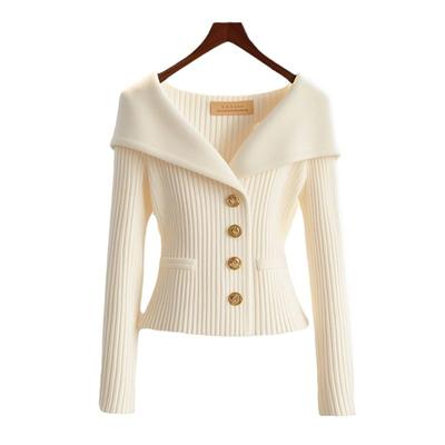 White Sweater Coat Women Premium Designer Niche Elegant Waist Defining Knit Top Autumn