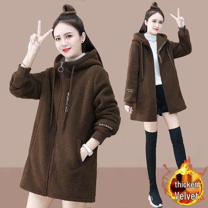 Lambswool Coat for Women: Plus Velvet, Thick, Mid-Length, 2025 Autumn/Winter Korean Style, Loose Cardigan Fashionable Top