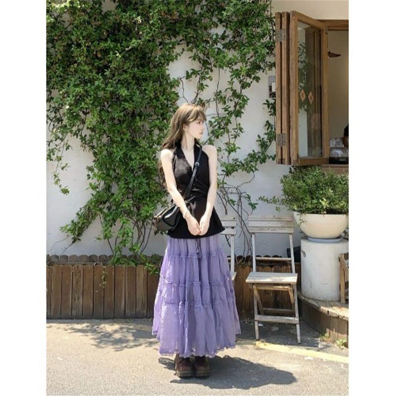 

Кумикуми Чистое Желание Ветер Комплект Черный Топ-халтер Женский Летний Деревянное Ухо Фиолетовое Половина Тела Длинное платье Комплект из двух предметов Top L