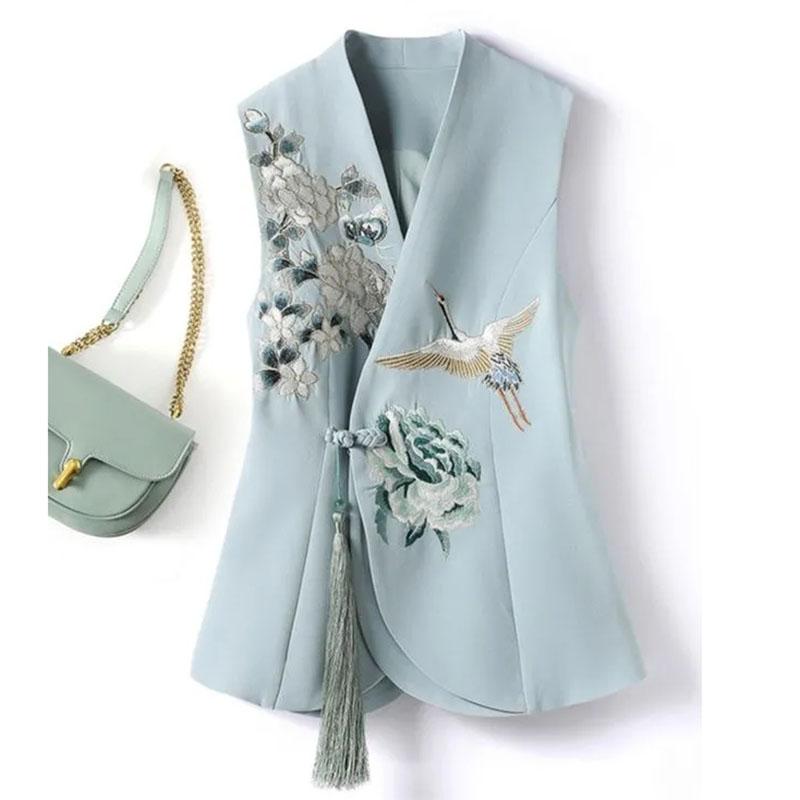 

Spring Chinese National Style Elegant Women Vest Heavy Industry Embroidery Sleeveless Jacket Cardigan Female Waistcoat XS светло-синий