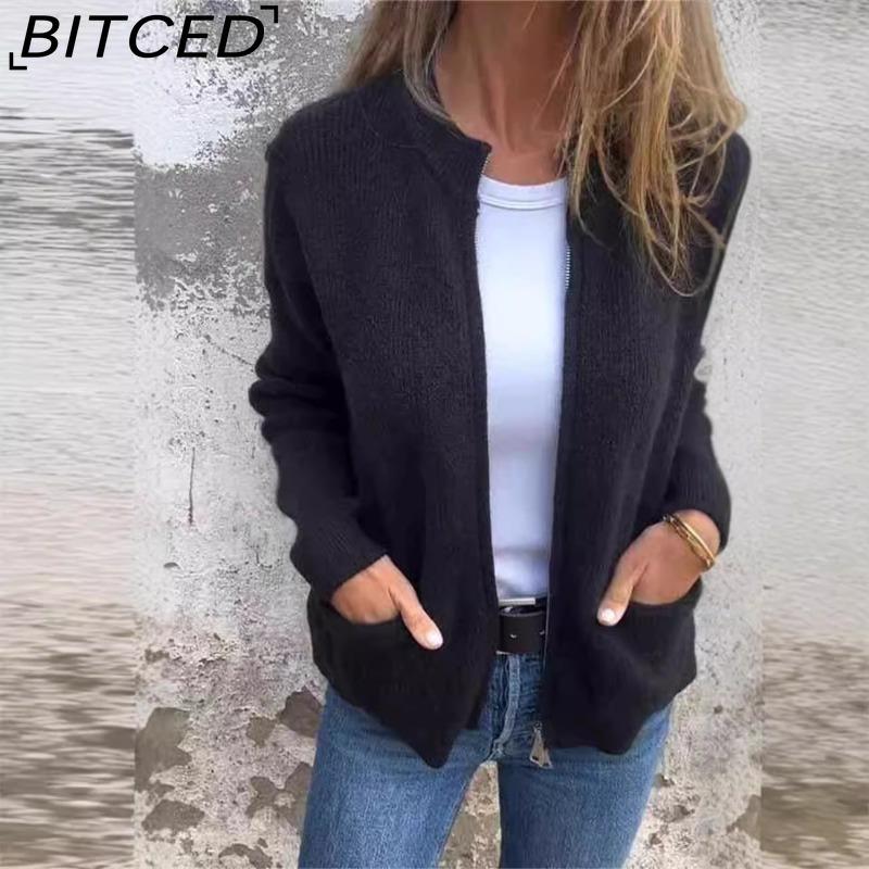 BITCED Autumn/Winter Women's Casual Fashion Solid-Colour Pocket Cardigan Jacket