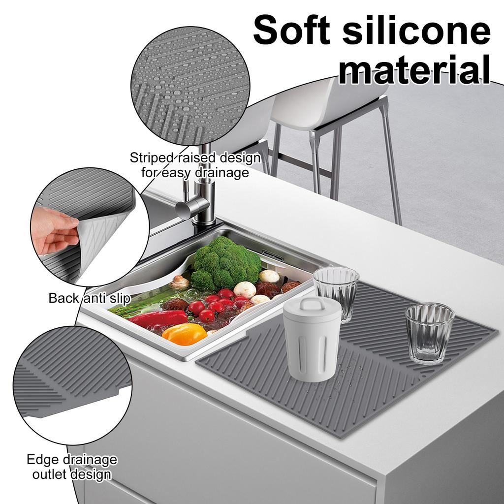 Kitchen Dish Drying Silicone Mat Raised Stripes Outlet Design Countertop Sink Draining Pad Non-slip Tableware Insulating Mat