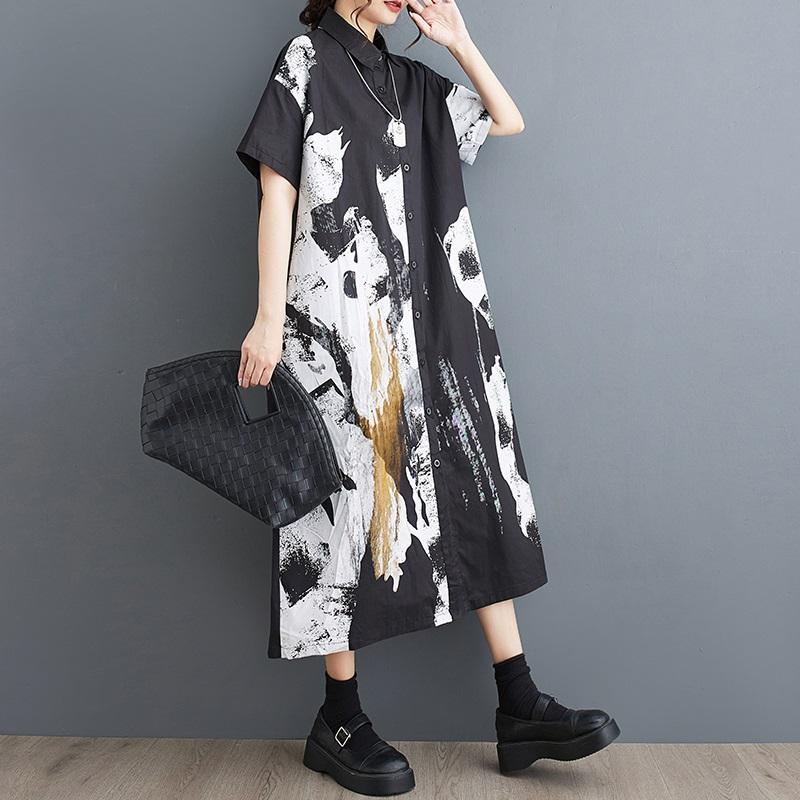 Vestidos vintage de algodón de talla grande y manga corta para mujer, vestido camisero largo holgado informal de verano