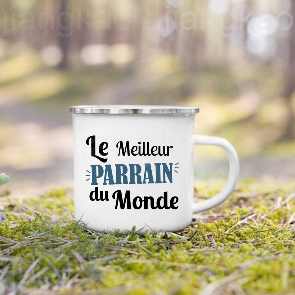 Französische Taufpatin Pate Druck Emaille Kaffeetasse Getränke Milchbecher Campingtassen Bestes Geburtstags-Feiertagsgeschenk für Patentante Patenonkel