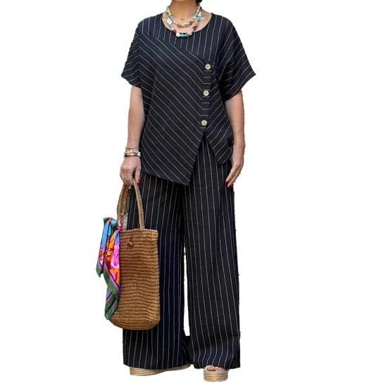 

Women s Striped Short Sleeve 2 Piece Outfits Summer Crew Neck Top And Long Pants Matching Lounge Sets with M чорний