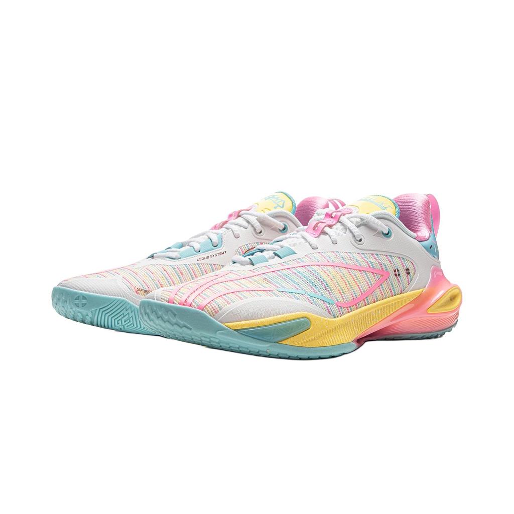 Li Ning Flash 11 Professionelle Wettkampf-Basketballschuhe für Herren, Low-Top, mit TPU-Stoßdämpfung, verschleißfest, Weiß/Pink/Blau, ABAU053-71
