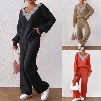 Women S V Neck Loose Top Solid Wide Leg Pants Knit Two Piece Set