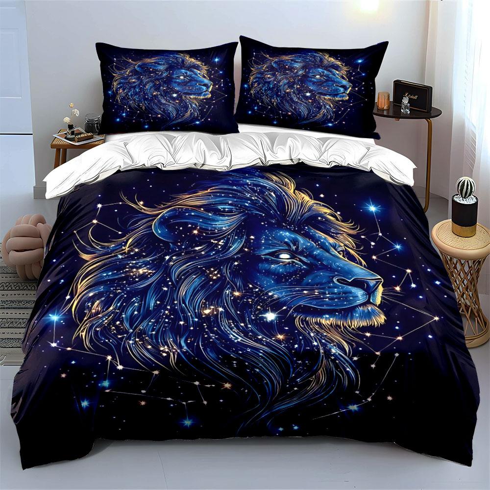 Blue Lion In Starry Sky Bedding Set For Kids Luxury Gift 3Pcs Digital Print Comforter Set Soft Comfortable Breathable